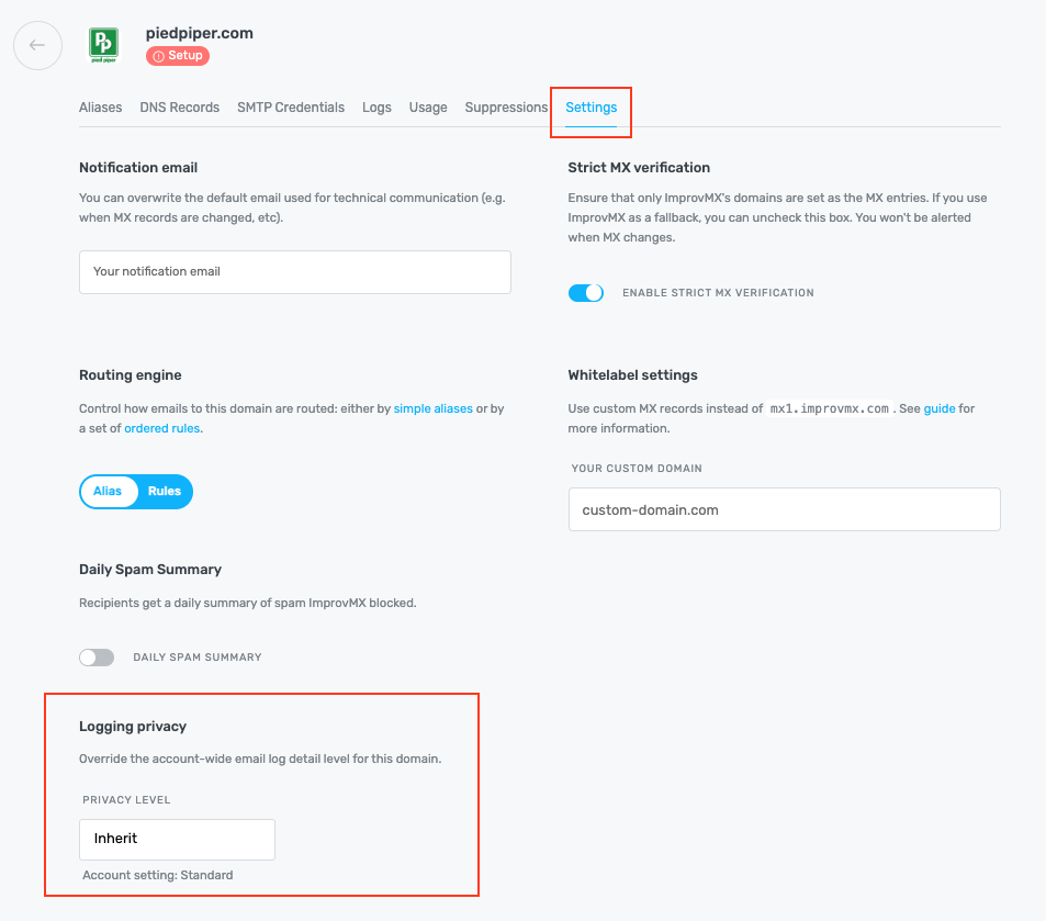 Logging privacy dropdown in a domain's Settings tab
